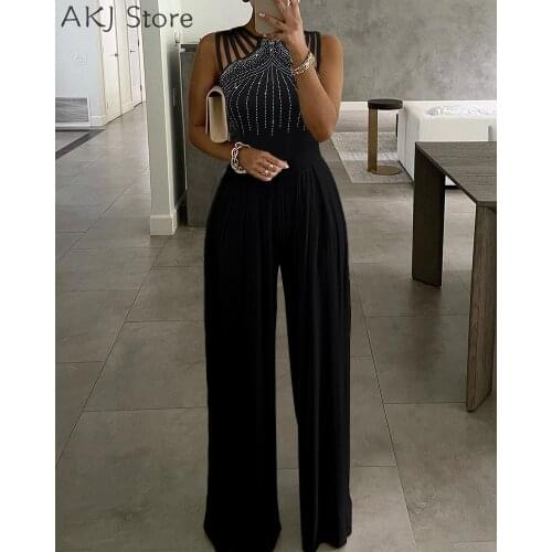 Women Shiny Studded Cutout Ruched Wide Leg Jumpsuit Sleeveless Long Pants Office Lady Casual Playsuit Romper Jumpsuits