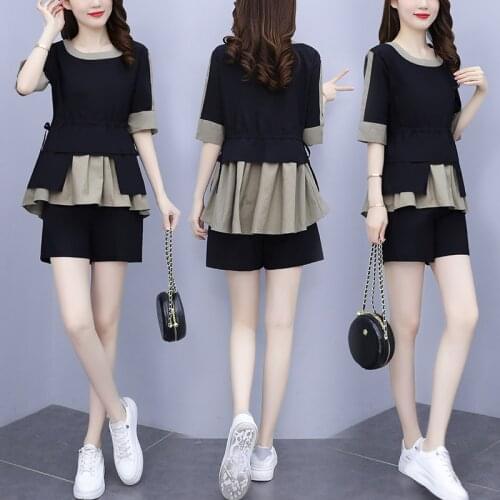 Stitching Pleated Round Neck Top + Elastic High Waist Shorts 2 Two Piece Suit Women Summer 2021 Casual Plus Size Clothing Set