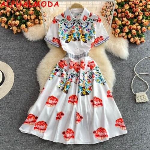 ALPHALMODA New Floral Printed Dress Turn-down Collar Short-sleeved Single Breasted French Style Elegant Women Summer Dress