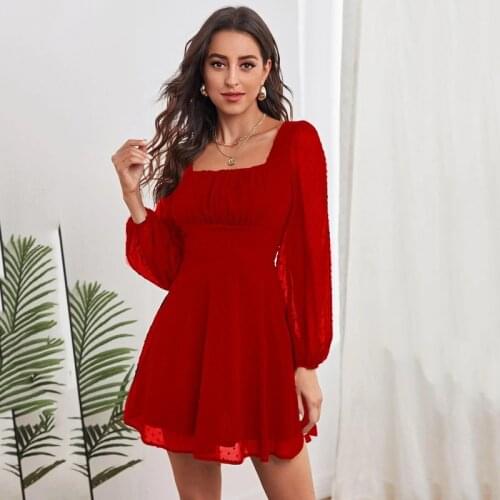 2021 Summer Womens Dress High Waist A-Line Long Sleeve Ruffle Hem Short Lace Solid Color Casual Loose Beach Sund