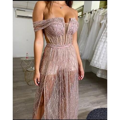 SSYFashion New Pink Evening Dress for Women Sexy Boat Neck Transparent Tulle Floor-length Prom Formal Gown with Pants Vestidos