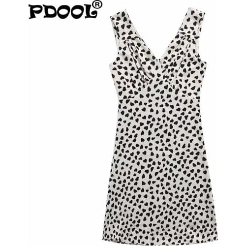 Women 2021 Fashion with Lining Heart Print Mini Dress Vintage V Neck Sleeveless Summer Female Dresses