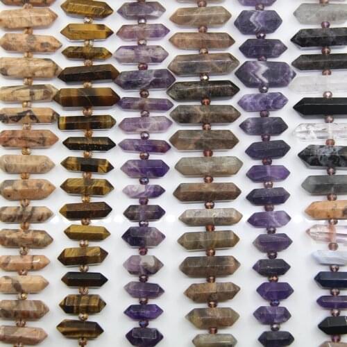 15.5"Strand Natural Amethysts Double Point Pendants,Central Drilled Tiger eye Gems Faceted Hexagon Slice Stick Spike Loose Beads