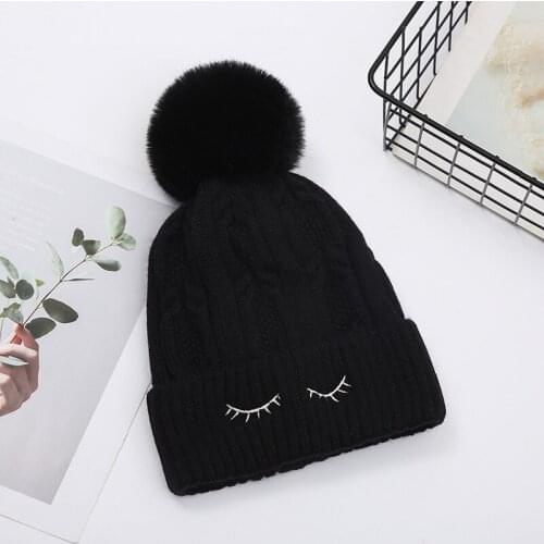 2020 Winter Warm Womens Hat Twist braid Knitted Wool Beanies Cute Big Pompoms With Smile Eyes Caps Thick Windproof Designer B