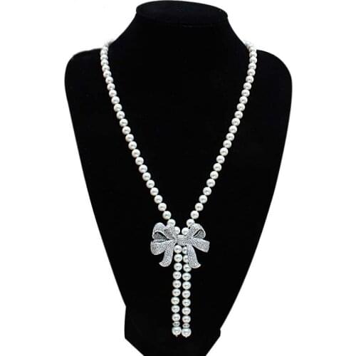 25" White Pearl Necklace CZ Bowknot Pave Pendant