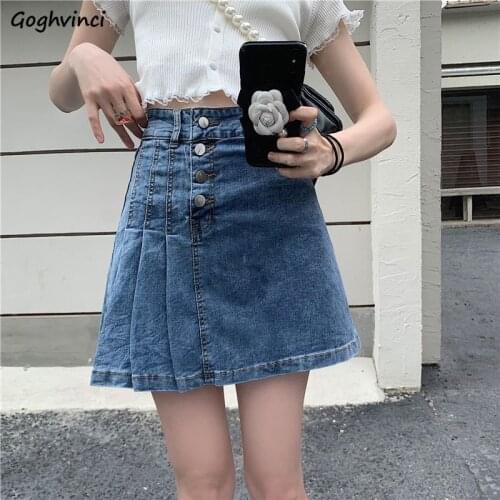 Asymmetrical Pleated A-line Denim Skirts Women Buttons Retro High Waist Students Leisure Stylish Mini Skirt Female Slim Outwear