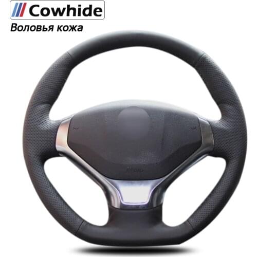 Black Genuine Leather Car Steering Wheel Cover for Peugeot 3008 2013-2015 2014