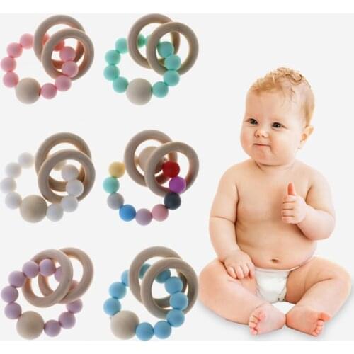 Baby Teether Bracelet Teething Toys Teeth Care Beads Jewelry Pain Relief Silicone Wood Rings Infant Supplies Multi-functional