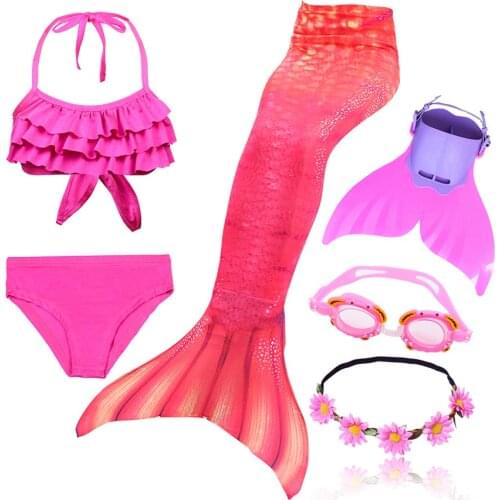 Kids Swimmable Mermaid Tail for Girls Swimming Bating Suit Mermaid Cosplay Costume Swimsuit Monofin Goggle with Garland Child