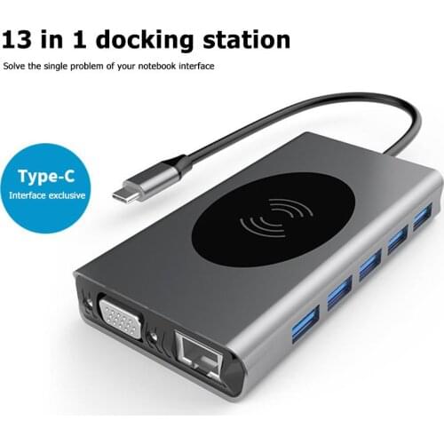 13 in 1 USB-C to HDMI-compatible /VGA/PD/USB 3.0 Hub Wireless Fast Charging Dock Station