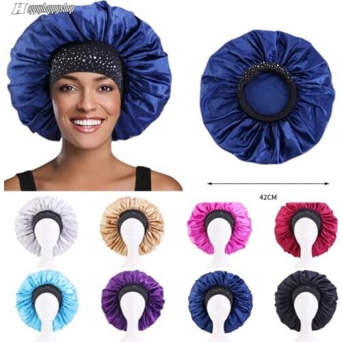 Elegant Extra Large Satin Sleeping Hat With Rhinestone Elastic Wide Band Solid Color Bandanas India Turban Cap African Headwrap