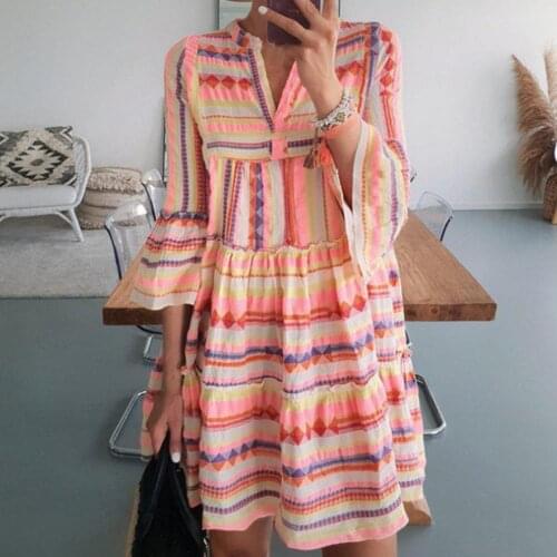 Ethnic Deep V Neck Mini Dress Three Quarter Flounced Sleeve Flare Sleeve Striped Print Casual Ruffle Dress for Party