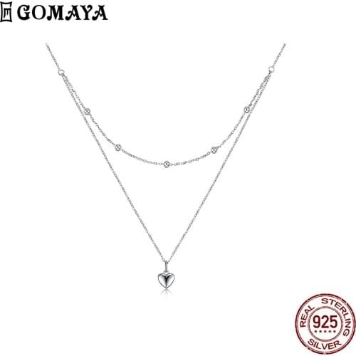 GOMAYA 925 Sterling Silver Double Chain Necklace For Women Heart Shape Pendant Short Necklaces Birthday Party Gifts Fine Jewelry