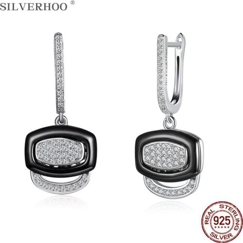 SILVERHOO Sterling Silver 925 Jewelry Geometry Lock Shape Drop Earrings Jewelry For Women Trendy 5A Cubic Zirconia Earring Best