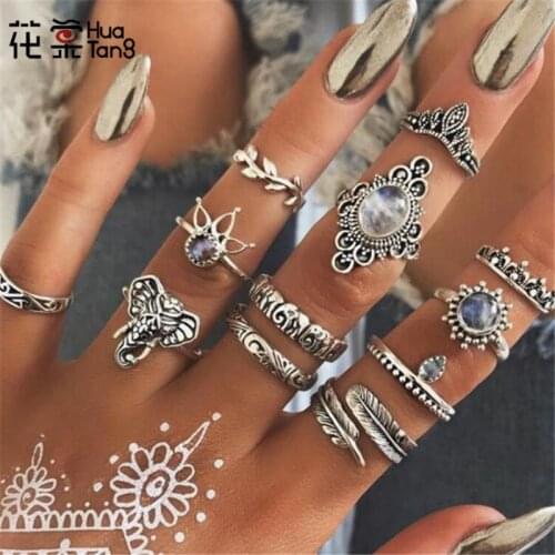 HuaTang Antique Silver Color Crystal Ring Set Knuckle Women Wedding Geometric Elephant Opals Rings Anillos Anel Jewelry 6581