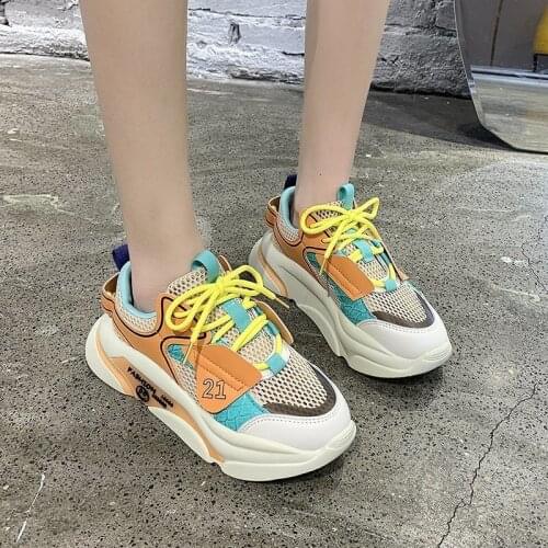 Lace-up Women Vulcanized Shoes 2021 New Design Summer Women Chunky Sneakers Colorful Ladies Sport Shoes Breathable Walking Shoes