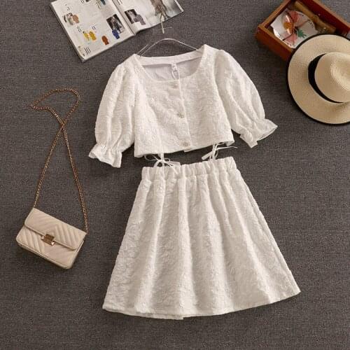Sweet Fashion Two Piece Set Women Crop Top Puff Sleeve Short Shirt Blouse + High Waist A-Line Mini Skirts Set 2 Piece Suits