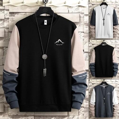 Elena Store New Fashion Spring and Autumn Mens Loose Long-sleeved Trendy Printed Pullover Casual Stitching Embroidered Top