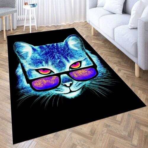 Neon Cat with Sunglasses Carpet for Living Room 3D Anime Cartoon Rug Gamer Teen Room Bedside Lounge Rug Kids Children Floor Mats