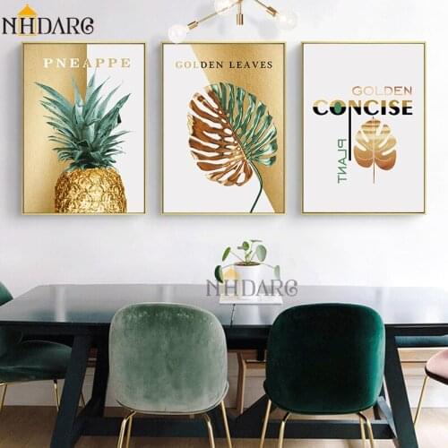 NHDARC Canvas Printings Art Nordic Golden Leaves Pineapple Home Decoration Paintings Posters and Prints Wall Picture Living Room