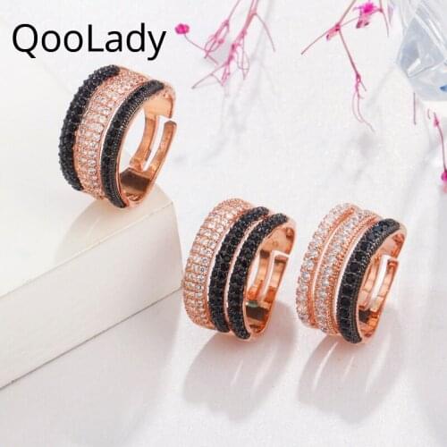 QooLady Luxury 585 Gold Stackable 3 Layers Black and White Zirconia Stone Punk Style Ring Adjustable Size for Lovers Rings F056