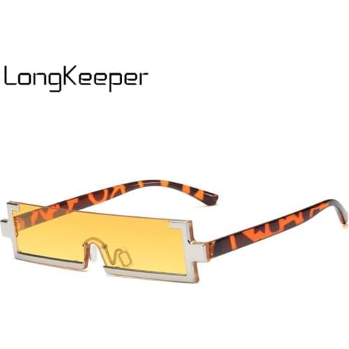 Fashion Small Rectangle Sunglasses Women Vintage One Piece Rimless Eyewear Men Yellow Leopard Shades UV400 Square Sun Glasses