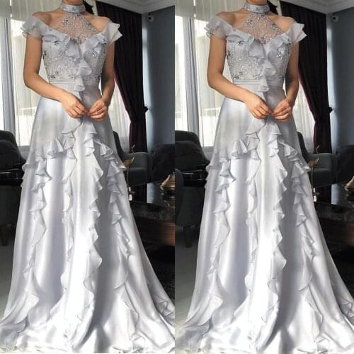 SuperKimJo Silver Prom Dresses 2020 High Neck Beaded Lace Applique Tiered Chiffon Prom Gown Vestidos De Gala