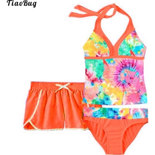 TiaoBug Summer 3Pcs Kids Girls Floral Print Swimming Suit Halter Neck Straps Top And Briefs Boyshorts Set Swimwear Bikini