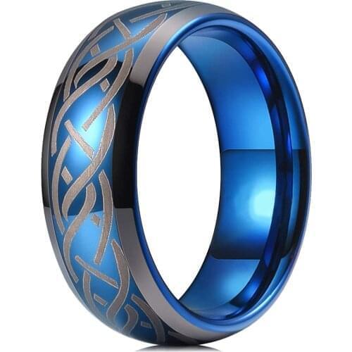 Vintage 8mm Men Blue Stainless Steel Ring Inlay Blue Laser Knot Engagement Ring Fashion Viking Mens Wedding Band Size 6-13