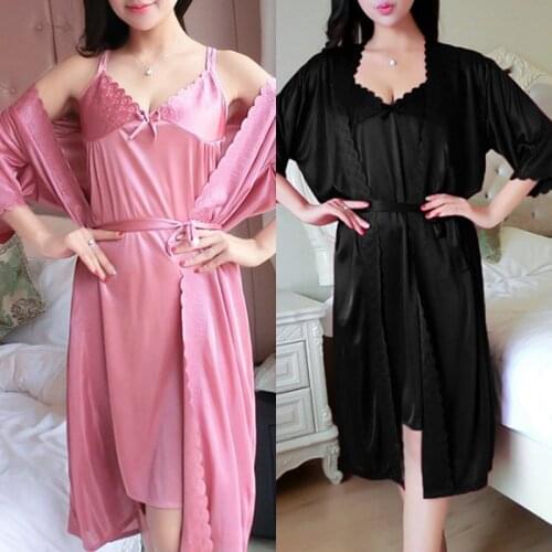 2PCS/Set Womens Sexy Pajamas Ice Silk Satin Night Dress Nightgown Homewear Summer Solid Color Sleepwear