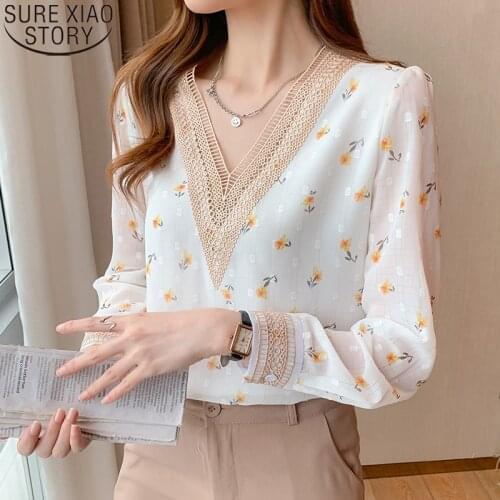 Women Tops Autumn V-neck Long Sleeve Shirt Sweet Floral Print Blouse Elegant Chiffon Shirts Casual Fashion Blusas Tops 16376