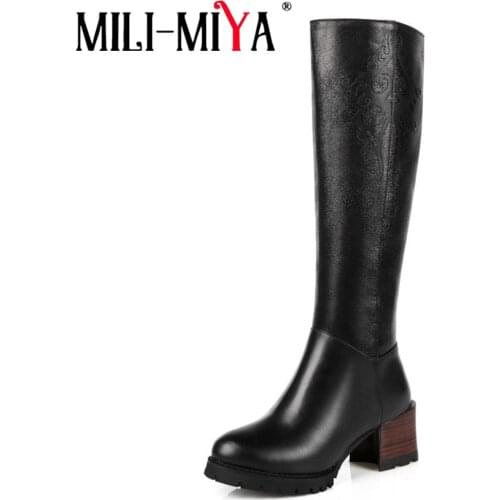 MILI-MIYA Fretwork Genuine Leather Boots For Women Round Toe Thick Heels Winter Boots Zipper Temperament Lady High Heels Boots