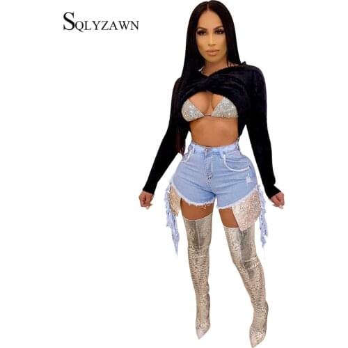 Sexy Nightclub Sequin Jeans Shorts Women Summer High Waist Diamond Drilling Trousers Streetwear Tassel Party Ripped Denim Pants