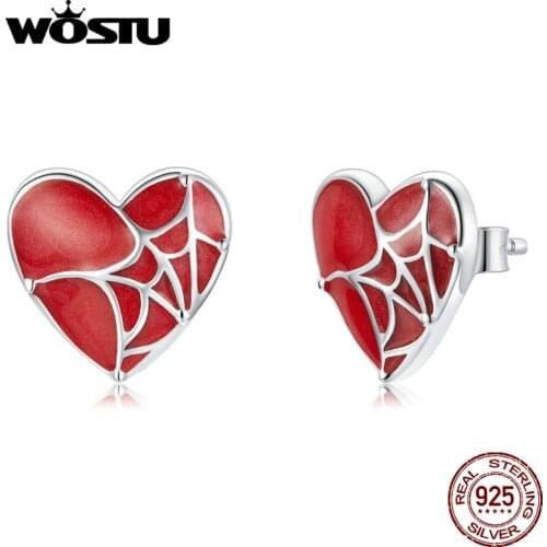 WOSTU 925 Sterling Silver Cobweb Love Stud Earrings Red Enamel Ear Buckles Simple Earrings For Women Fine Silver Jewelry CQE1198