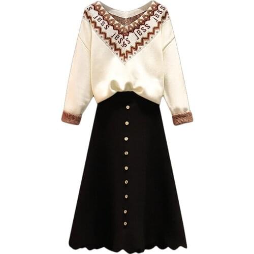 Women Plus Size Suit 2020 New Spring Autumn Two-piece Female Suit Sweater Half-length + Dress Skirt Two-piece Dress 4XLA309