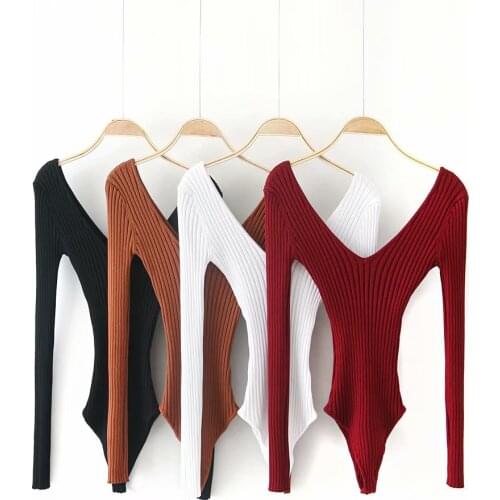 One Piece Women Knitted Solid Sexy V Neck Long Sleeve Black White Red Brown Bodysuit Top Bodycon Jumpsuit