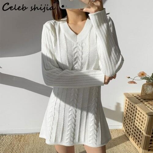 Elegant V-neck Woman Knit Dress Blue Autumn Winter New Korean Style Mini Dress Sweater Vestido Fall Twist Thick Knitwear Ladies