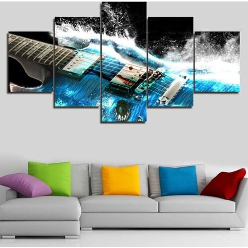 5 Pieces Painting Artistic Blue Guitar Water Waves Music Pictures Prints Canvas Home Decoration Wall Art Framed Ready to Hang