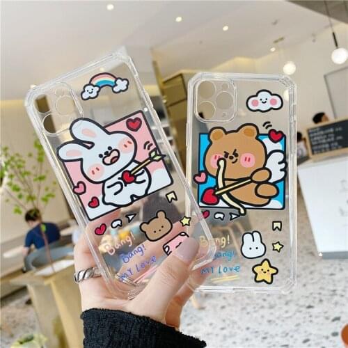 Funny Cartoon Rabbit Bear Couple Case For iPhone 11 Pro MAX 12 XR X XS SE20 7 8Plus Transparent Soft TPU Phone Cover Slim Fundas