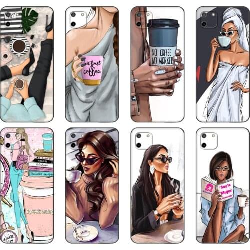 Black tpu Case For OPPO Realme C11 C20 C21 Case Back Cover Bumper princess boss female coffee