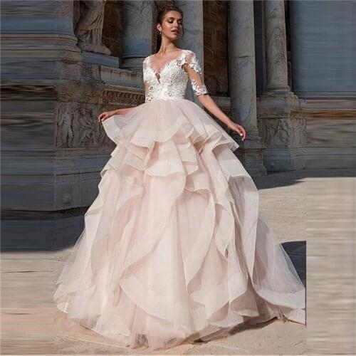Sheer Half Sleeves Ball Gown Wedding Dresses Lace Appliques Pleated Ruched Bridal Gowns With Buttons Back Robe De Mariee Formal
