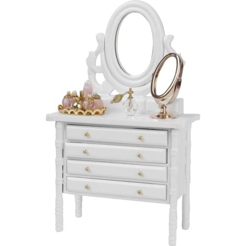 OMoToys Wooden Miniature White Wooden Dressing Table for Dollhouse Decoration