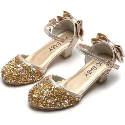 Children Shoes Glitter Princess Girls Sandals Kids High Heels Mini Melissa FrozenTeenager Small Feet Ladie Shinning Sequence Bow