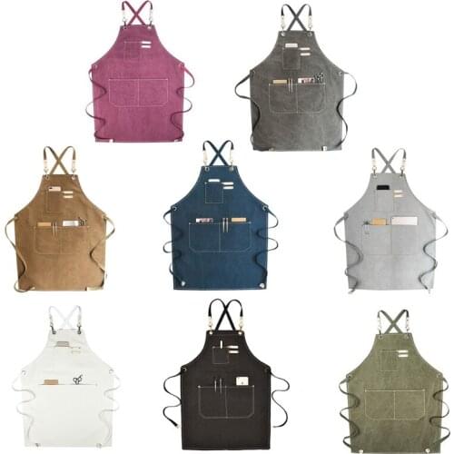 Chef Apron Cotton Canvas Cross Back Adjustable Apron with Pockets for Women and Men, Adjustable Strap and Large Pockets