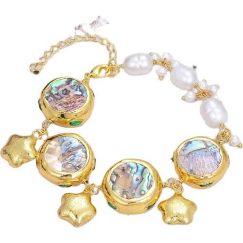 GG Jewelry Cultured Natural White Rice Pearl Rainbow Color Abalone Shell Wrap Bracelet 8" Handmade For Women
