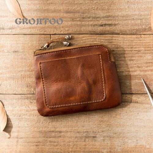 GROJITOO Hand made leather pickup bag for men and women Mini zero purse with leather top leather and ultra thin wallet