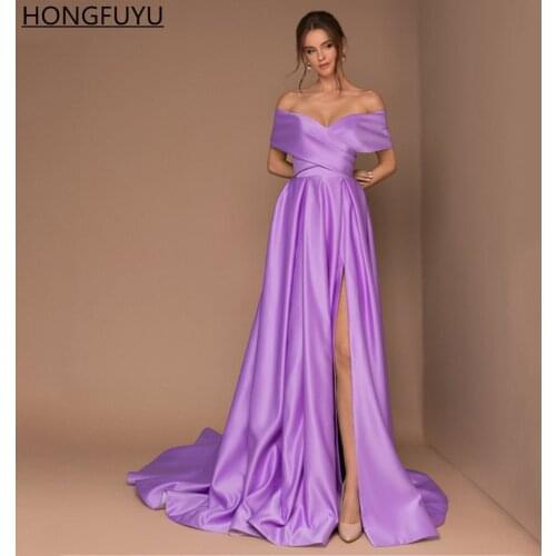HONGFUYU Lavender Satin A Line Evening Dresses Long Side Slit robes de soirée Formal Party Gowns Prom Dress with Train платье