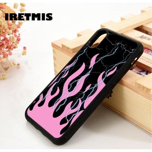 Iretmis 5 5S SE 2020 6 6S Silicone Rubber Phone Case Cover for iPhone 7 8 Plus X Xs 11 12 MINI Pro Max XR Lightning Pink Flames