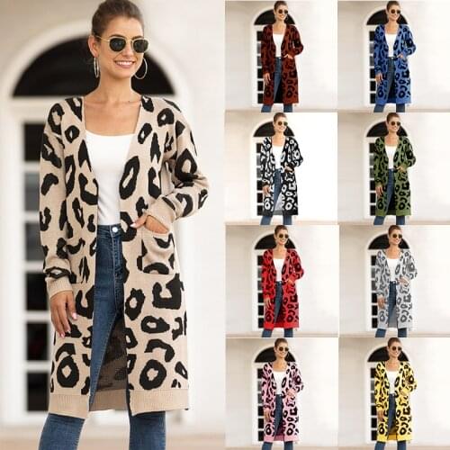 2020 Long Cardigan women Sweater Autumn Winter Leopard Print Knitted Sweater Plus size Jacket Loose Ladies Sweaters Cardigans