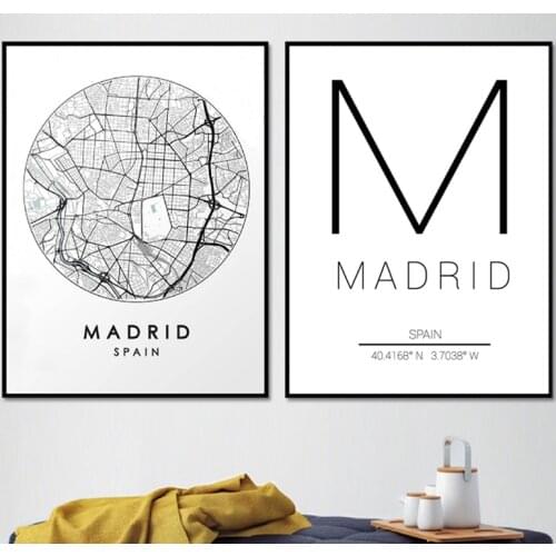 Madrid City Map Wall Art Canvas Painting Prints Spain Street Map Pictures Black White Travel Posters Aesthetic Room Decor